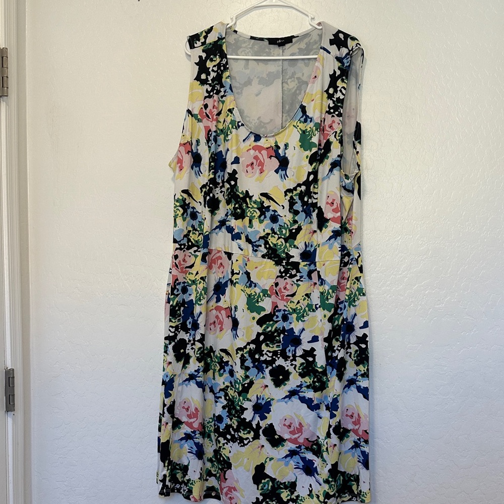 Ellos Multi Floral Midi Dress Women's Plus Size Fit Flare Knit 2X sleeveless